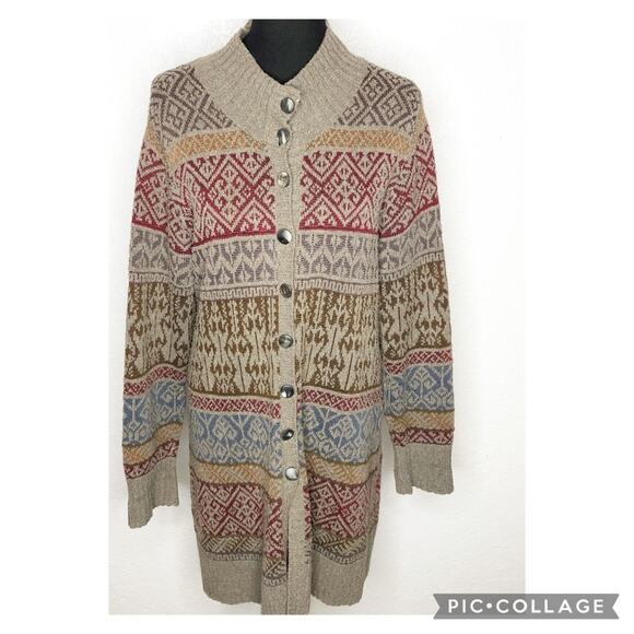 Peruvian Connection taupe geometric print button front long cardigan sweater XL - Picture 1 of 16